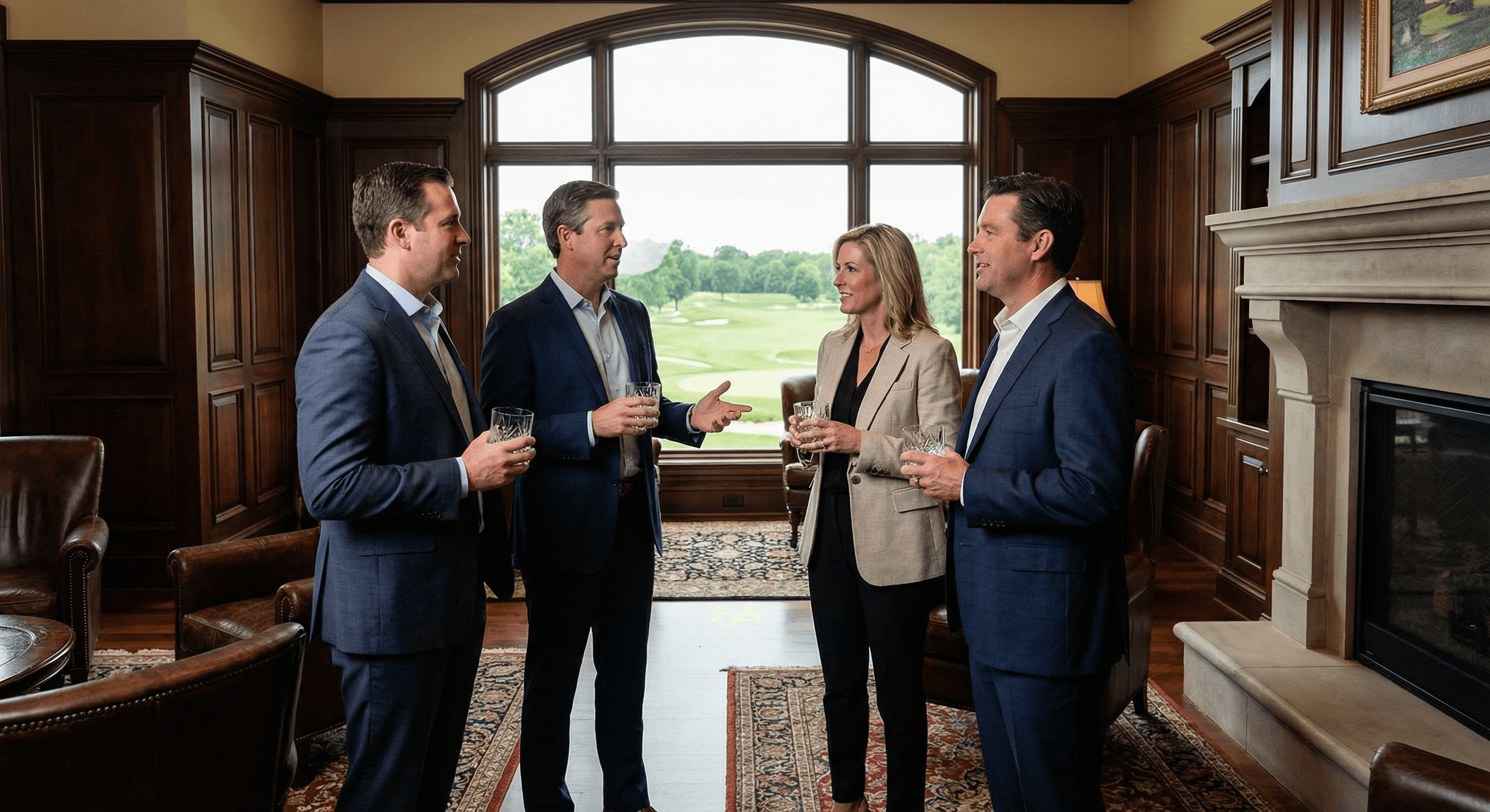 Professionals networking in a luxury country club lounge with golf course views matched through Networkli business networking feature