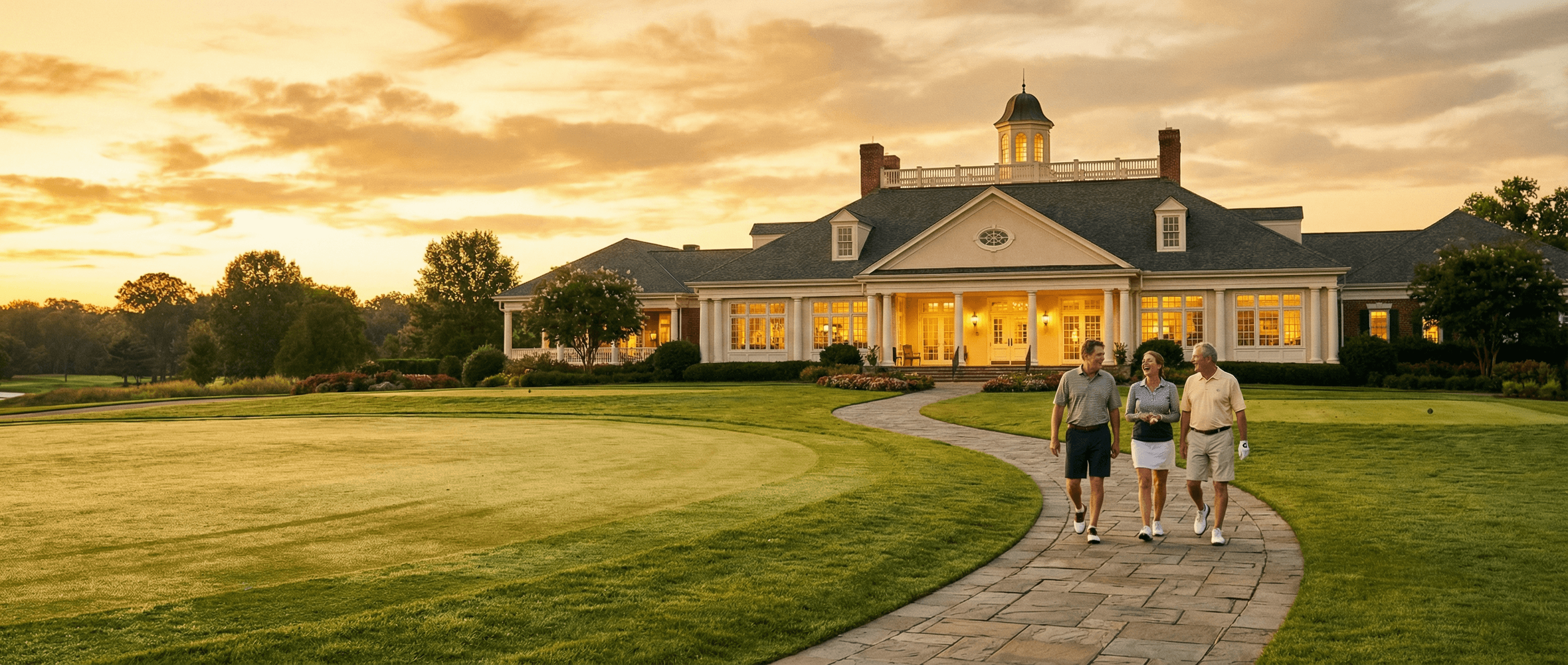 Luxury country club clubhouse at golden hour with members walking along a stone pathway surrounded by manicured golf course grounds