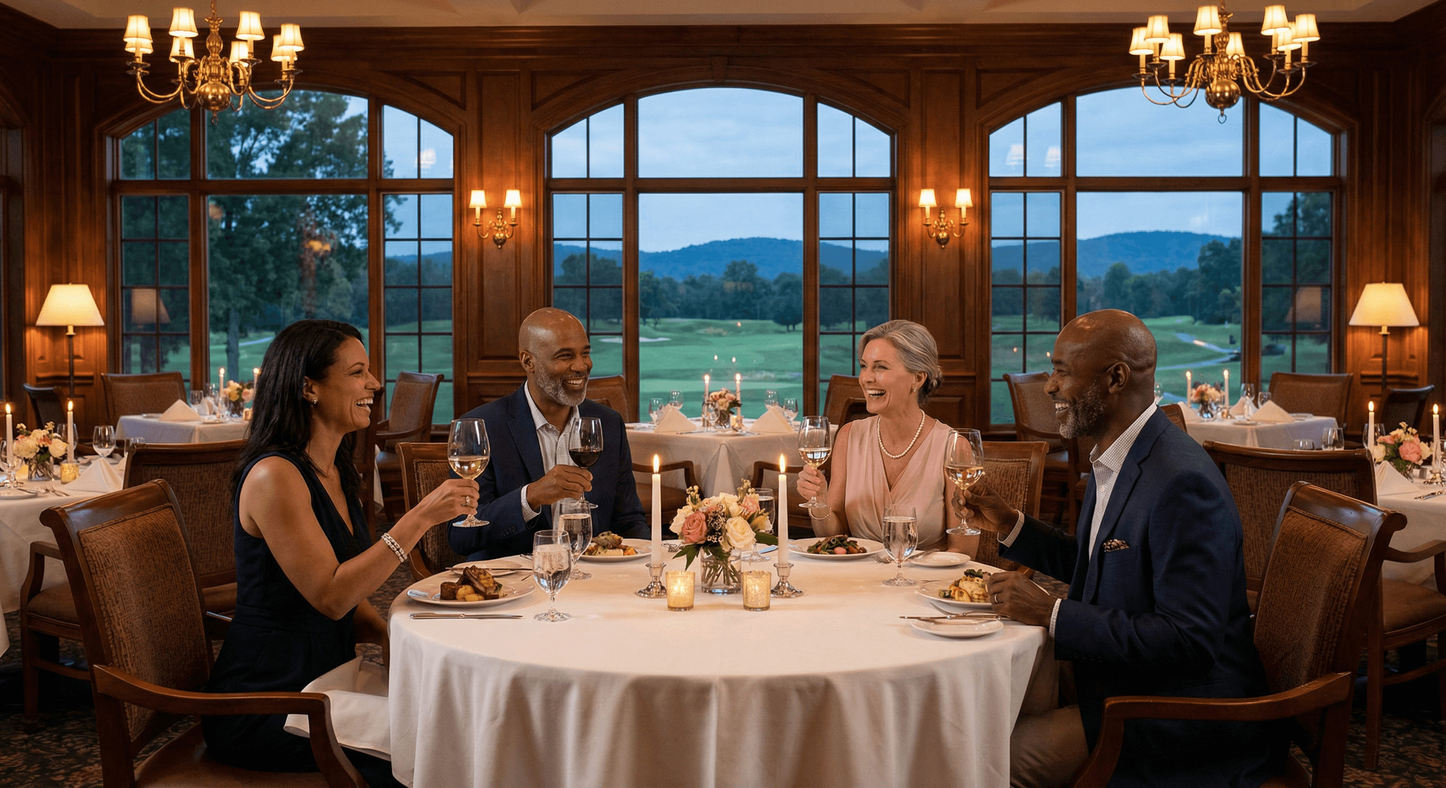 Country club members enjoying an elegant dinner together at the clubhouse restaurant connected through Networkli dining partner matching