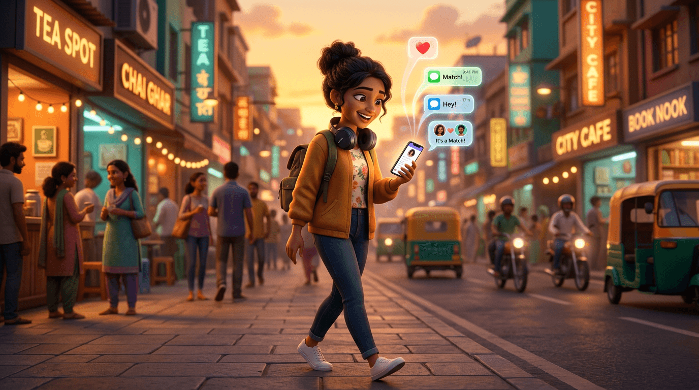 Builder walking down a city street with app notifications floating from phone