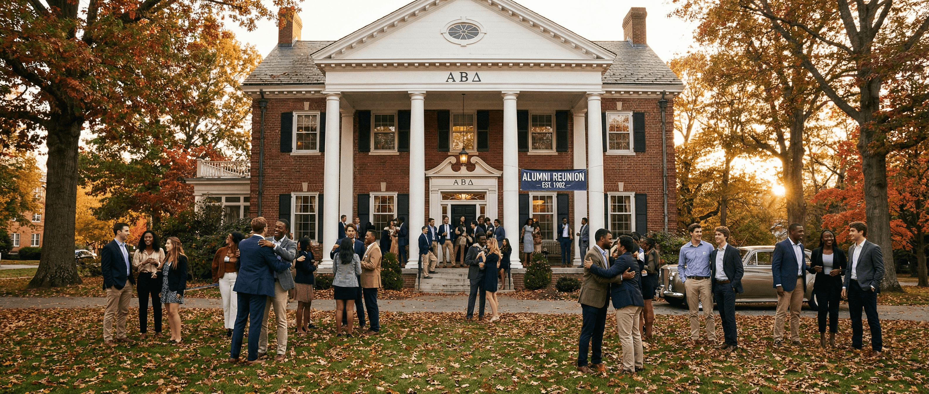 Greek organization chapter house during alumni reunion with fraternity and sorority members reconnecting on a beautiful college campus at golden hour