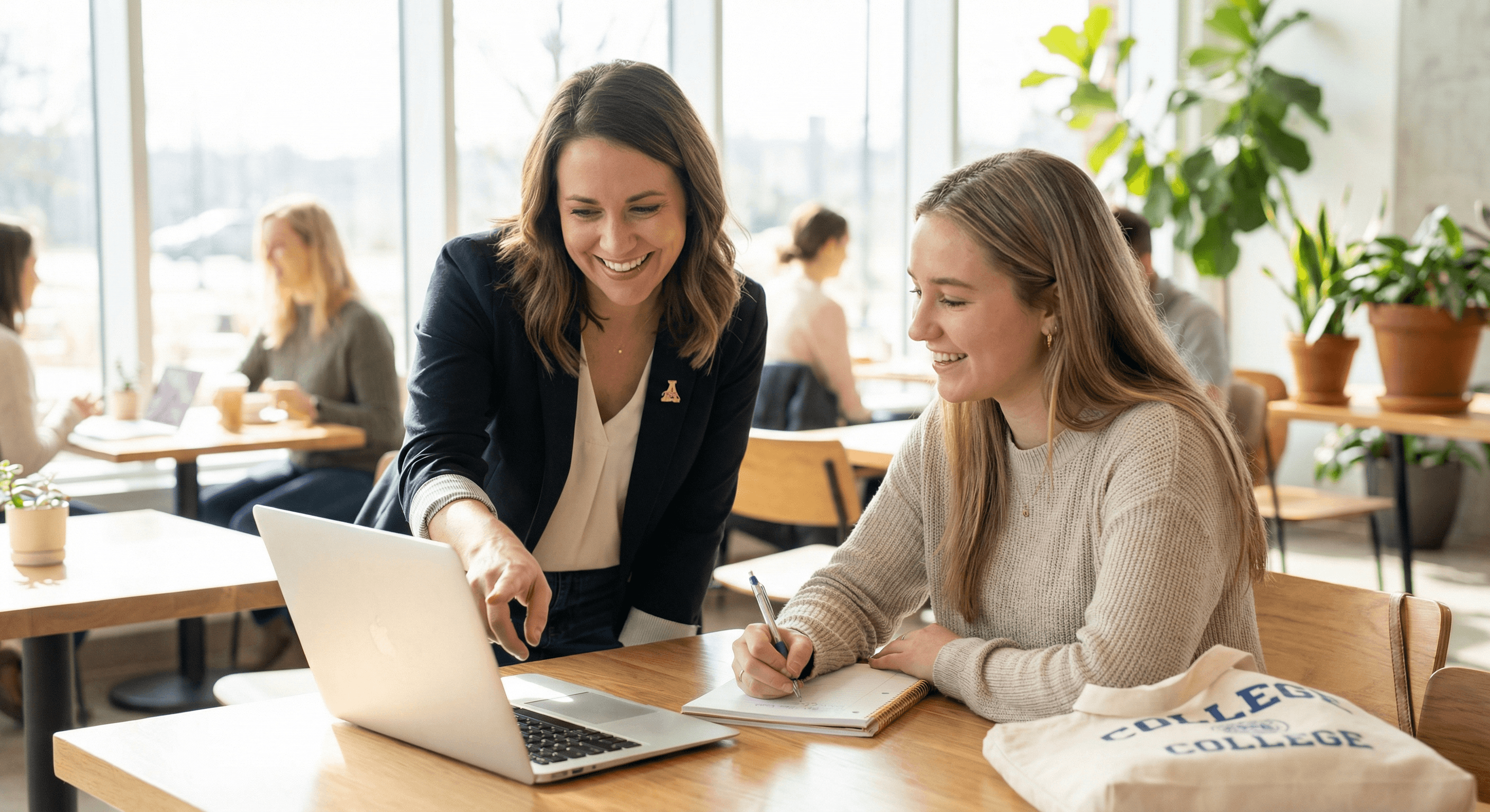Sorority alumni mentor guiding a college student through career planning at a coffee shop connected through Networkli fraternity sorority mentorship platform
