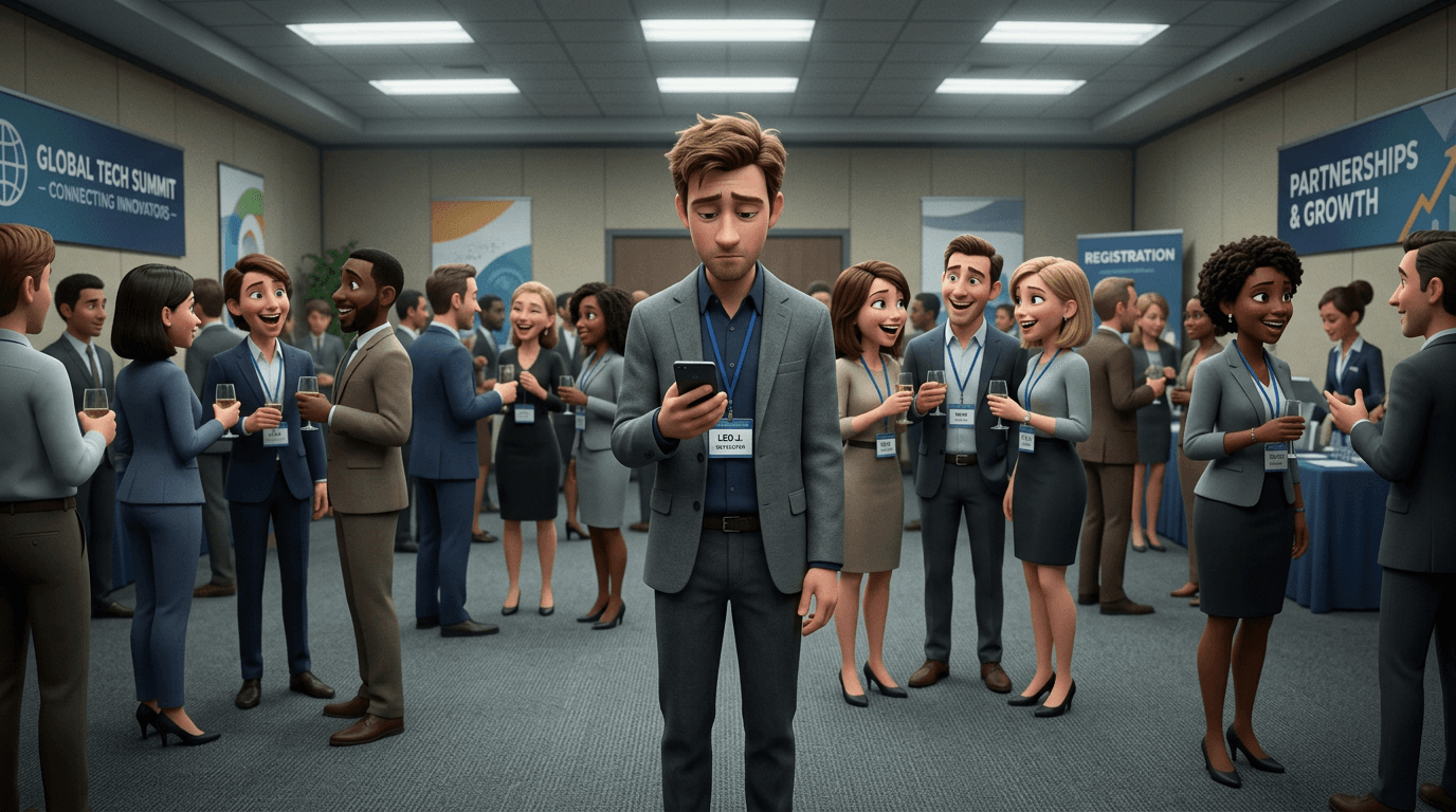 Bored person at a generic corporate networking event