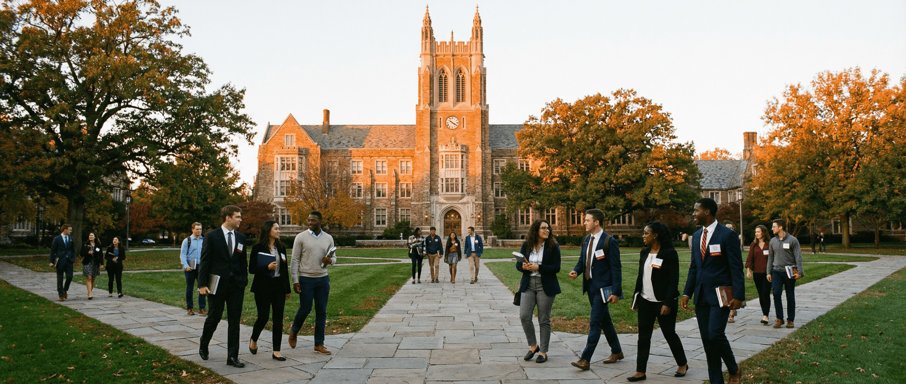 Prestigious university campus at golden hour with gothic architecture and diverse students and alumni walking together during a networking event on campus