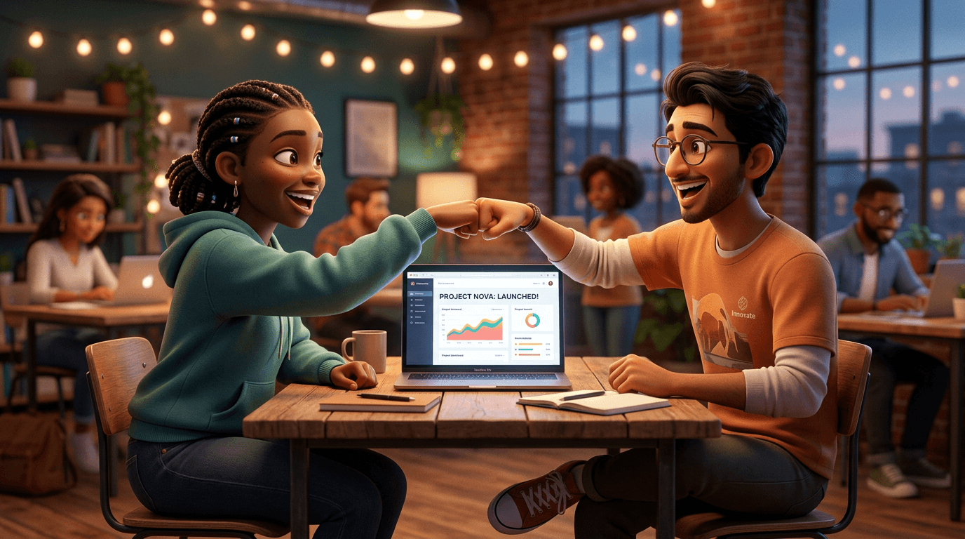 Two founders fist-bumping over a laptop in a co-working space